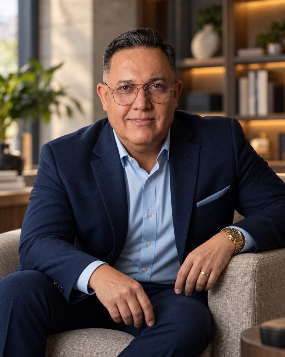 Anderson Marques sentado em um escritório, usando aliança na mão esquerda